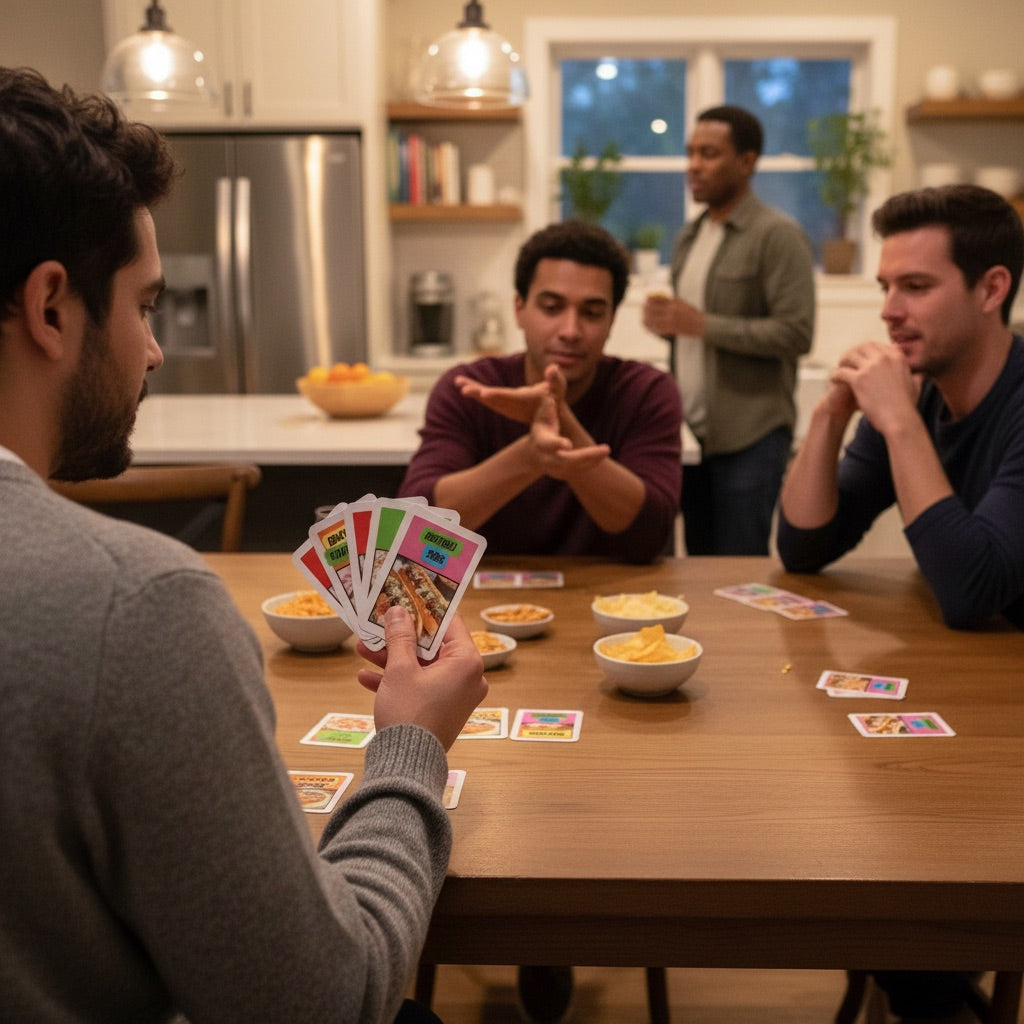 Friends around a kitchen table playing with Dinner Deck recipe cards